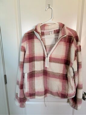 Cozy Pink Plaid Half-Zip Sherpa Pullover